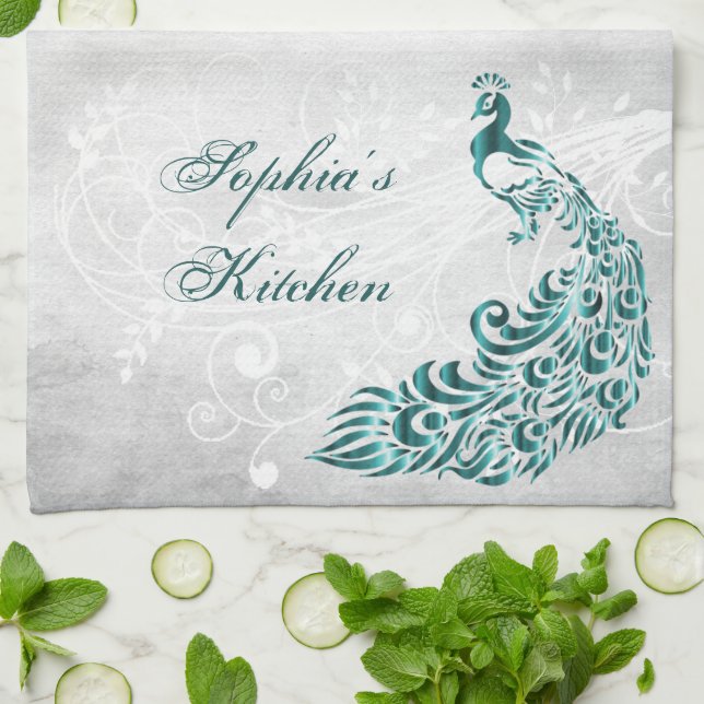 Serviette de cuisine personnalisée Peacock turquoi (Plié)