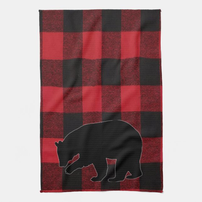 Serviette de cuisine Rouge Buffle Plaid Ours Noir (Vertical)