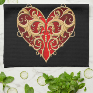 Serviette de cuisine rouge Filigree Heart