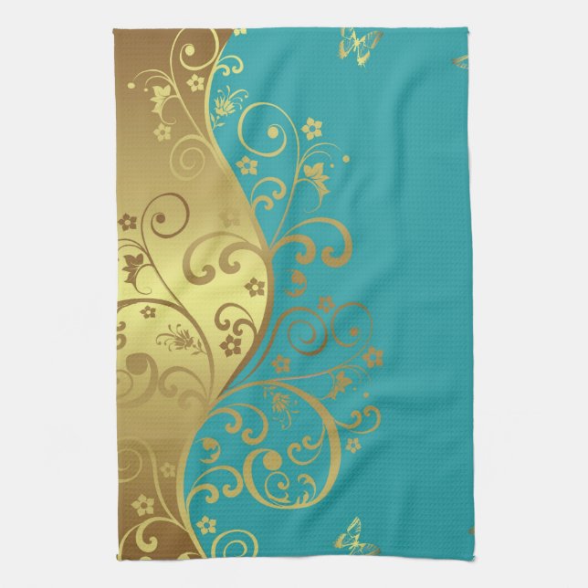 Serviette de cuisine--Teal et remous d'or (Vertical)