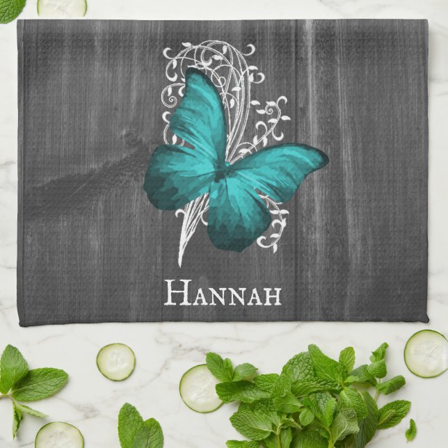 Serviette de cuisine turquoise papillon rustique (Plié)