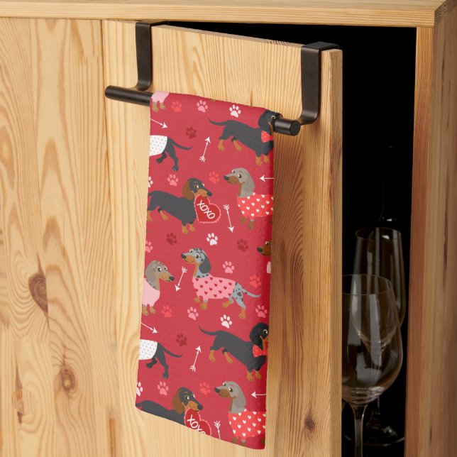 Serviette de cuisine Valentine Dachshund (Pliage en tiers)