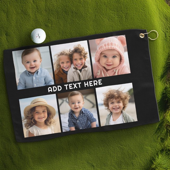 Serviette De Golf 6 Photos avec texte blanc sur noir (Custom Golf Towel with Photo Collage)