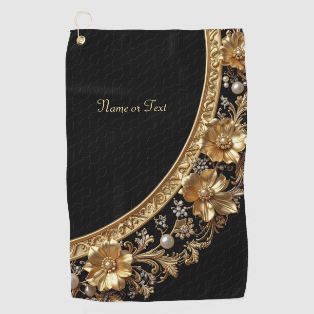 Serviette de golf à fleurs dorées ornées (Devant)