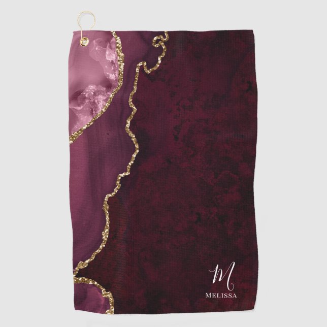 Serviette De Golf agate de bordeaux et or monogrammé (Devant)