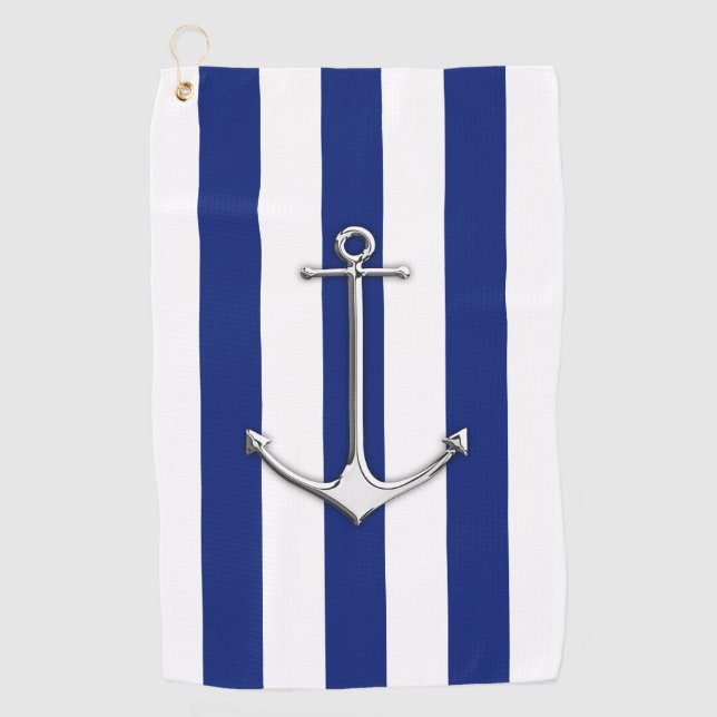Serviette De Golf Ancre Chrome sur la marine nautique Bleu Stripes I (Devant)