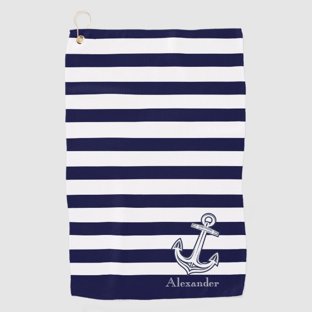 Serviette De Golf Ancre nautique Bleu et Blancs de marine (Devant)