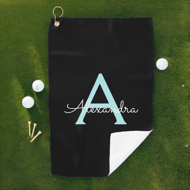 Serviette De Golf Aqua Teal Blue Script Girly Monogram (Créateur téléchargé)