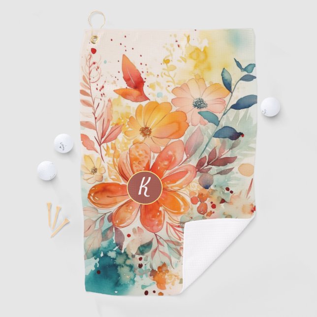 Serviette De Golf Aquarelle colorée Monogramme floral (En situation)