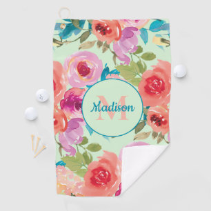 Serviette De Golf Aquarelle rose violet Floral Turquoise Feuille Min
