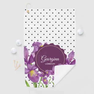 Serviette De Golf Aquarelle violet Iris noir blanc Pois