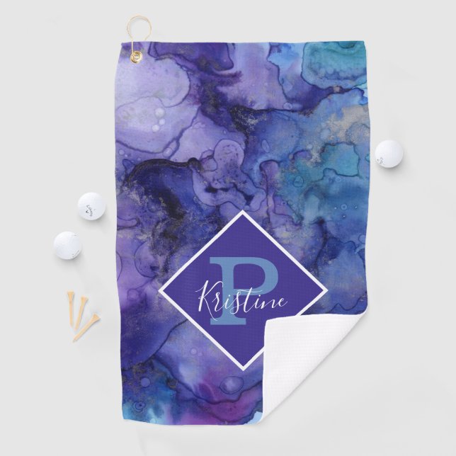 Serviette De Golf Aquarelle violette Abstraite avec monogramme perso (En situation)