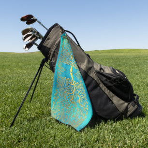 Serviette De Golf Arbre d'or et réflexion Feuille sur le bleu turquo