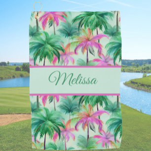 Serviette De Golf Arbre tropical à palmiers vert et rose amusant pou