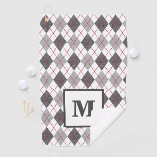 Serviette De Golf Argyle à carreaux rouge gris argent Golf Monogramm