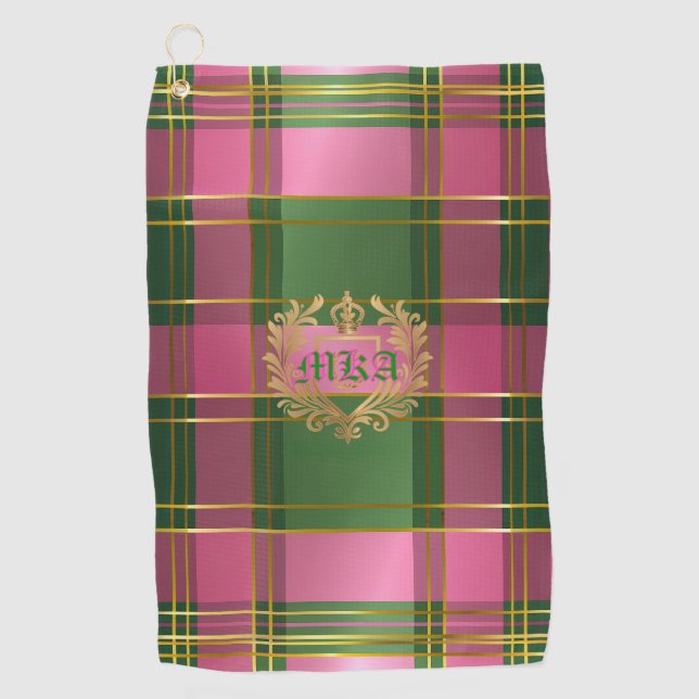 Serviette De Golf Armoiries de monogramme à carreaux rose vert chic  (Devant)