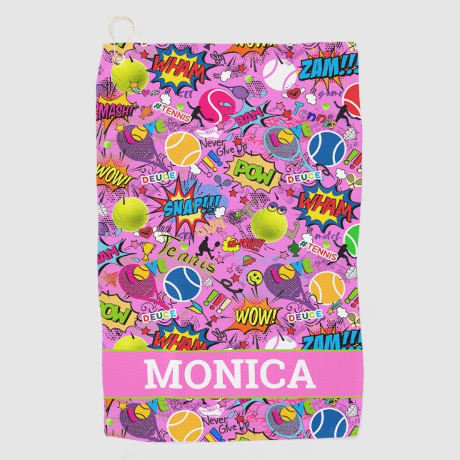 Serviette De Golf Avec nom 😍 🤩 rose Eclectique tennis 🎾 motif (Devant)