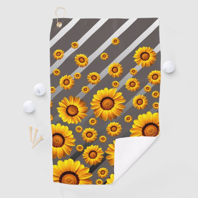 Serviette De Golf Belles fleurs jaunes sur gris, rayures argentées (En situation)