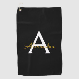 Serviette De Golf Black Gold Modern Script Girl Monogramme Nom