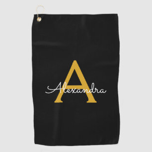 Serviette De Golf Black Gold Modern Script Nom du monogramme de la f