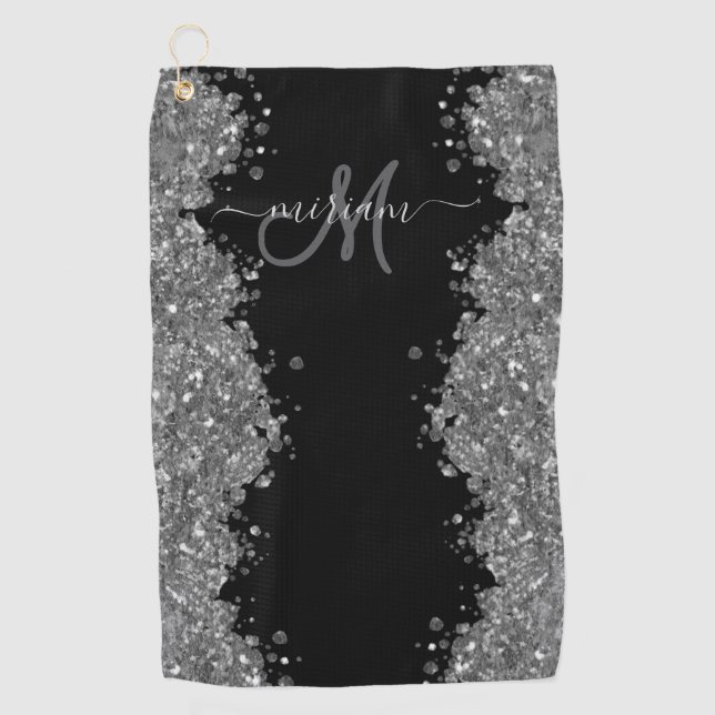 Serviette De Golf Black Silver Glitter Grey Modern Monogram (Devant)