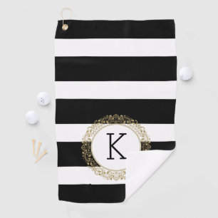 Serviette De Golf Black Stripes Floral Gold Circle
