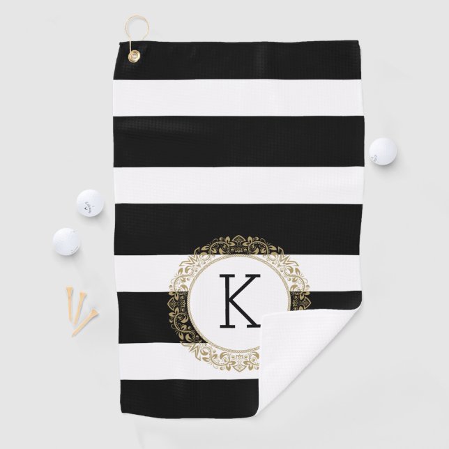 Serviette De Golf Black Stripes Floral Gold Circle (En situation)