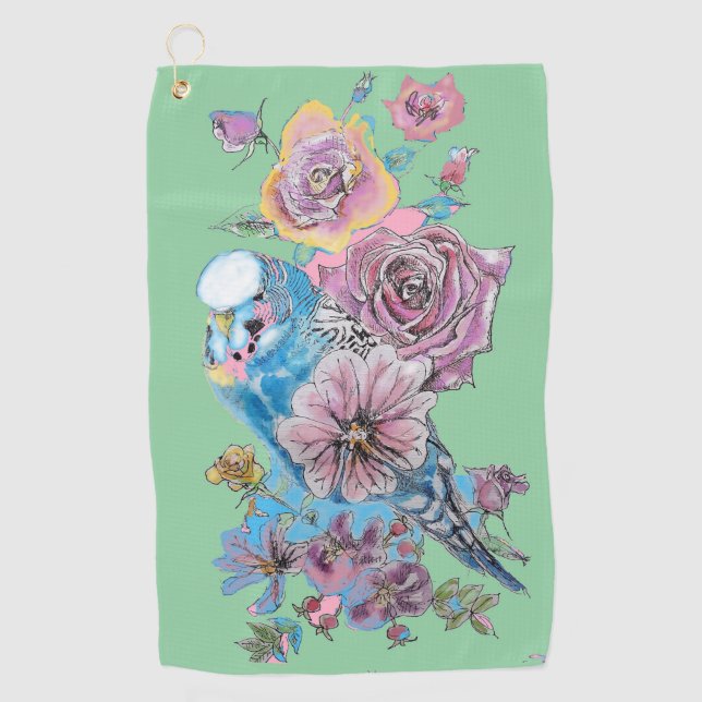 Serviette De Golf Blue Budgie Aquarelle florale Vert Femme (Devant)