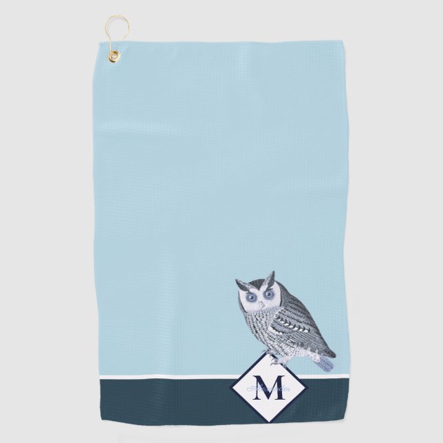 Serviette De Golf Blue Owl Grey Nom du monogramme Bain (Devant)