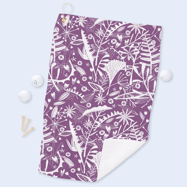 Serviette De Golf Botanique violet moderne (Purple and white botanical leaves and wildflower pattern art golf towel)