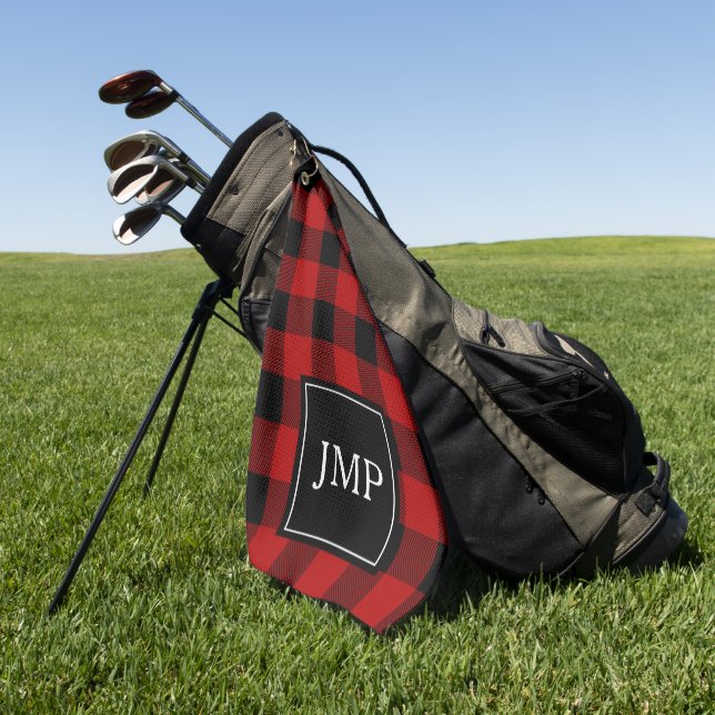 Serviette De Golf Buffle rouge moderne posé | Initiale personnelle (Vert)