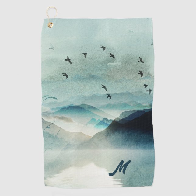 Serviette De Golf Calme Monogramme Nature Aquarelle paysage de monta (Devant)