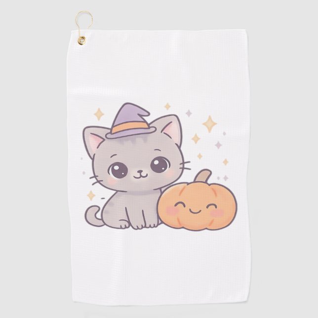 Serviette De Golf Chat avec sorcière Casquette et Citrouille sourian (Devant)