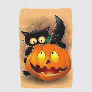 Serviette De Golf Chat Fun Halloween Caractère mordant un Citrouille