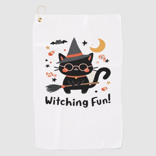 Serviette De Golf Chat noir sorcier amusant avec chambre - Jolie Hal (Devant)