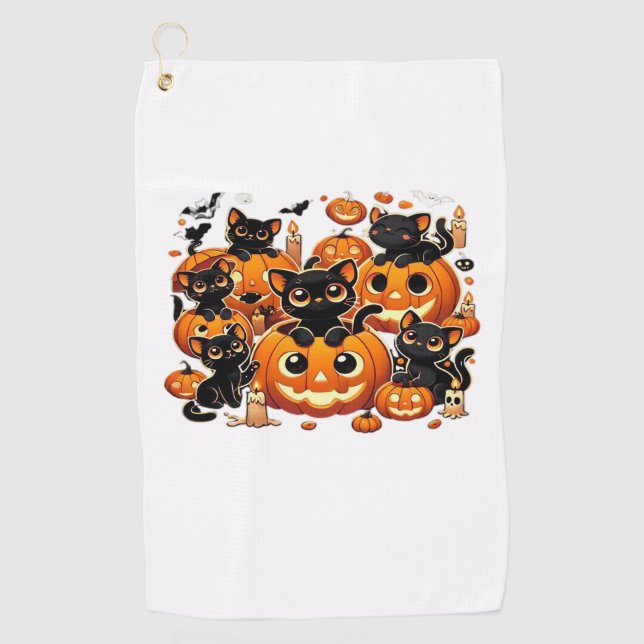 Serviette De Golf Chats noirs mignons en Citrouille Halloween Night  (Devant)