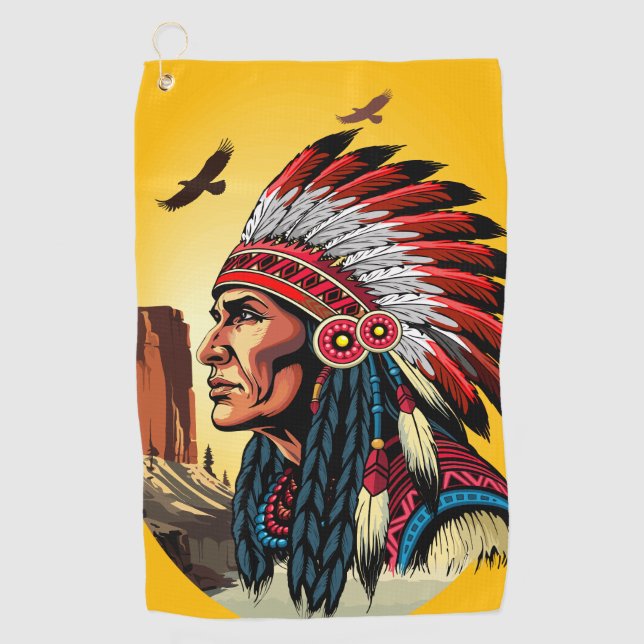 Serviette De Golf Chef amérindien sur paysage sauvage coucher de sol (Devant)