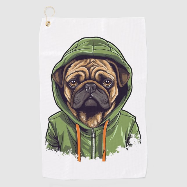 Serviette De Golf Chien carlin portant Sweat - shirt à capuche vert (Devant)