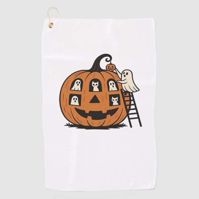 Serviette De Golf Citrouille Éffrayant Whimsical avec Fantômes, Chat (Devant)
