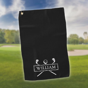 Serviette De Golf Clubs de golf noir blanc et balle personnalisés au