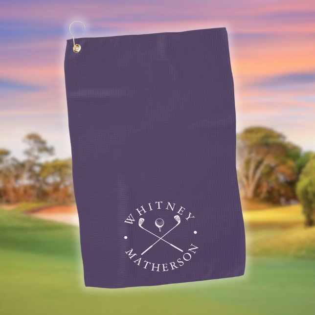 Serviette De Golf Clubs De Golf Violet Et Blanc Nom Personnalisé (Purple And White Golf Clubs Personalized Name Golf Towel)