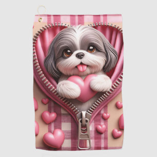 Serviette De Golf Cute 3D Shih Tzu dans un Arrière - plan rose et bl