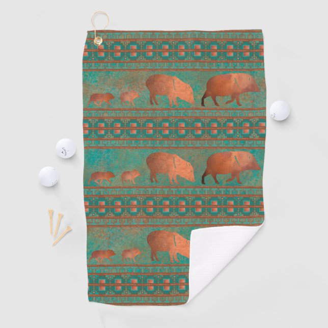 Serviette De Golf Cute sud-ouest Javelina Famille Cuivre Turquoise (En situation)