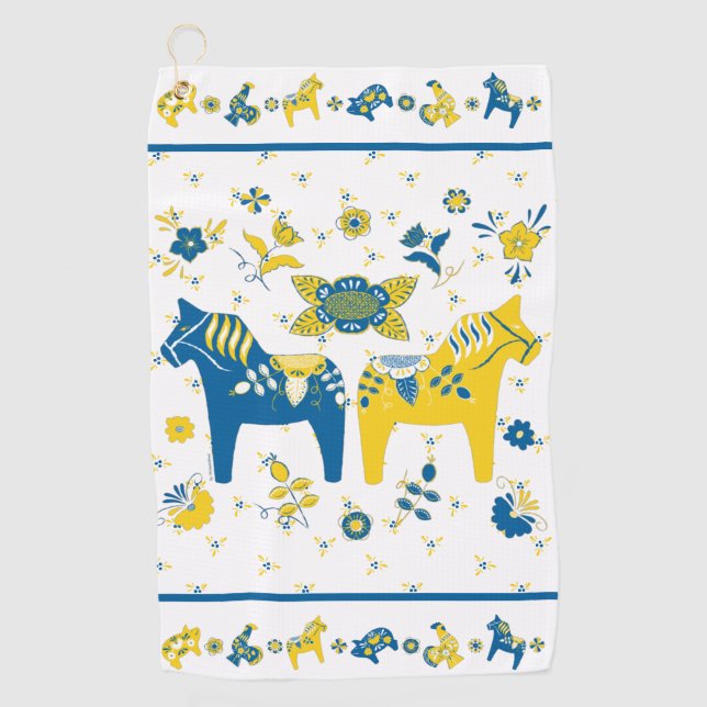 Serviette De Golf Dala folklorique suédoise Cheval le bleu et jaune (Devant)