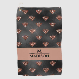 Serviette De Golf Diamants Paillettes Or Rose sur Monogramme Noir