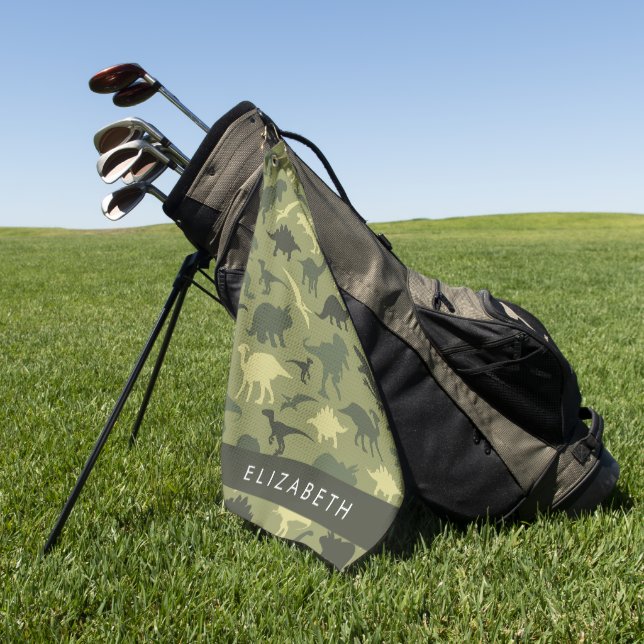 Serviette De Golf Dinosaure Motif, Dinosaur Silhouette, Votre Nom (Vert)
