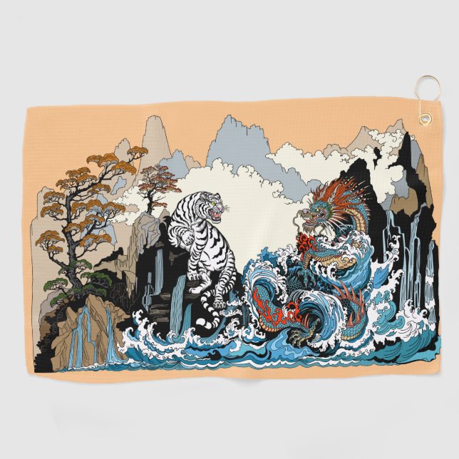 Serviette De Golf Dragon d'azur et Tigre blanc. Illustration (Horizontal)