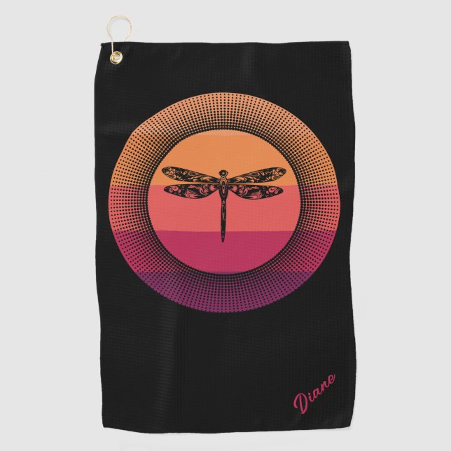 Serviette De Golf Dragonfly in Retro Sunset avec nom (Devant)