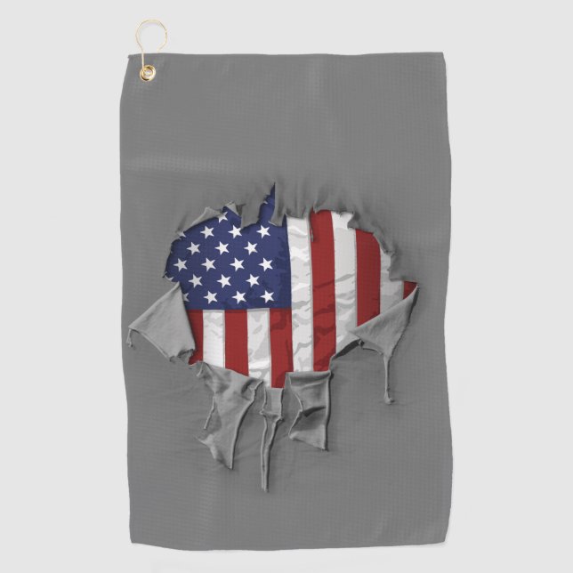 Serviette De Golf Drapeau américain déchiré, déchiré et déchiré (Devant)