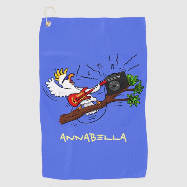 Serviette De Golf Drôle cockatoo jouant de la guitare rock dessin an (Devant)